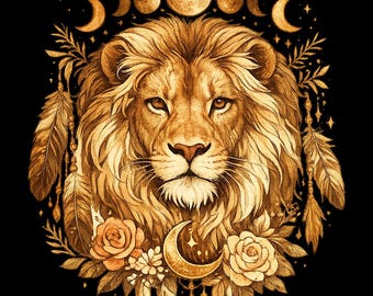 Mystical Boho Lion PNG | Celestial Moon Phase Artwork (Digital Download)