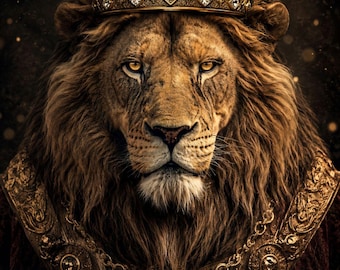 Majestic King Lion Portrait, Royal Crown Canvas Art, Dark Fantasy Animal Print (Digital Download)