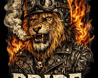 Vintage Motorcycle Lion T-Shirt Design | Fiery Roaring Lion Rider Graphic