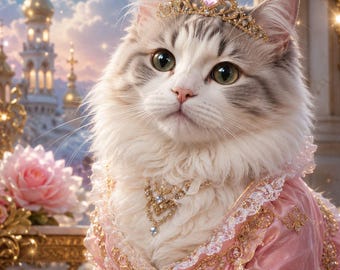 Royal Princess Cat Portrait | Fluffy Fantasy Pet Art (JPG)