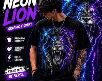 Neon Electric Lion Graphic T-Shirt, Cyberpunk Streetwear Animal Tee