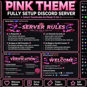 May include: A digital display of a pink-themed Discord server layout featuring a list of bots, server rules, verification, and welcome panels. The interface includes text headers like PINK THEME, SERVER RULES, VERIFICATION, and WELCOME with icons.