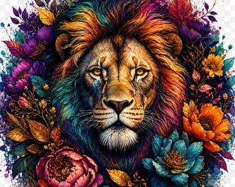 Majestic Lion Floral PNG | Watercolor Wildlife Sublimation Design (Digital Download)