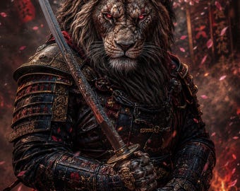 Dark Fantasy Samurai Lion Portrait | Cinematic Warrior Animal Art (Digital File)