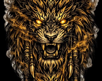 Golden Tribal Lion PNG, Fierce Roaring Warrior Beast Graphic, Dark Fantasy Artwork