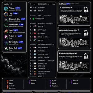 以下が含まれることがあります： 「BLACK & WHITE THEME」と「FULLY SETUP DISCORD SERVER」のテキストが入った、白黒のDiscordサーバーテーマグラフィック。ユーティリティ、サーバー統計、自己役割、検証のセクションがあり、上部に月のグラフィックがあります。