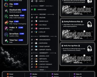Puede incluir: Gráfico de tema de servidor Discord en blanco y negro con el texto "BLACK & WHITE THEME" y "FULLY SETUP DISCORD SERVER". Incluye secciones para utilidades, estadísticas del servidor, roles propios y verificación, con un gráfico de luna en la parte superior.