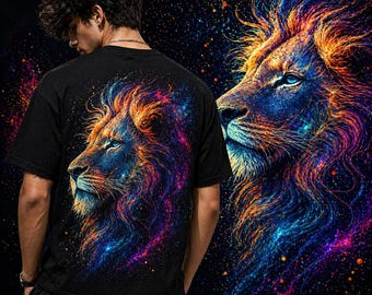 Men's Neon Lion T-Shirt, Cosmic Galaxy Animal Graphic Tee, Streetwear Art Shirt