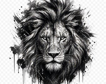 Majestic Lion Face PNG | Black & White Ink Splash Artwork (Digital Download)