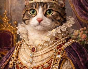 Custom Royal Cat Portrait, Renaissance Queen Cat Art, Personalized Pet Photo (Digital File)