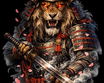 Samurai Lion PNG, Warrior Katana Graphic, Japanese Art, Fierce Anime Clipart