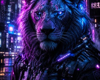 Cyberpunk Lion Portrait, Futuristic Neon Animal Art, Sci Fi Gaming Room Decor (Digital Download)