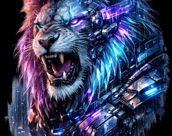 Cyberpunk Lion PNG, Futuristic Robo Lion T-Shirt Design, Neon Sci-Fi Artwork (High-Resolution)