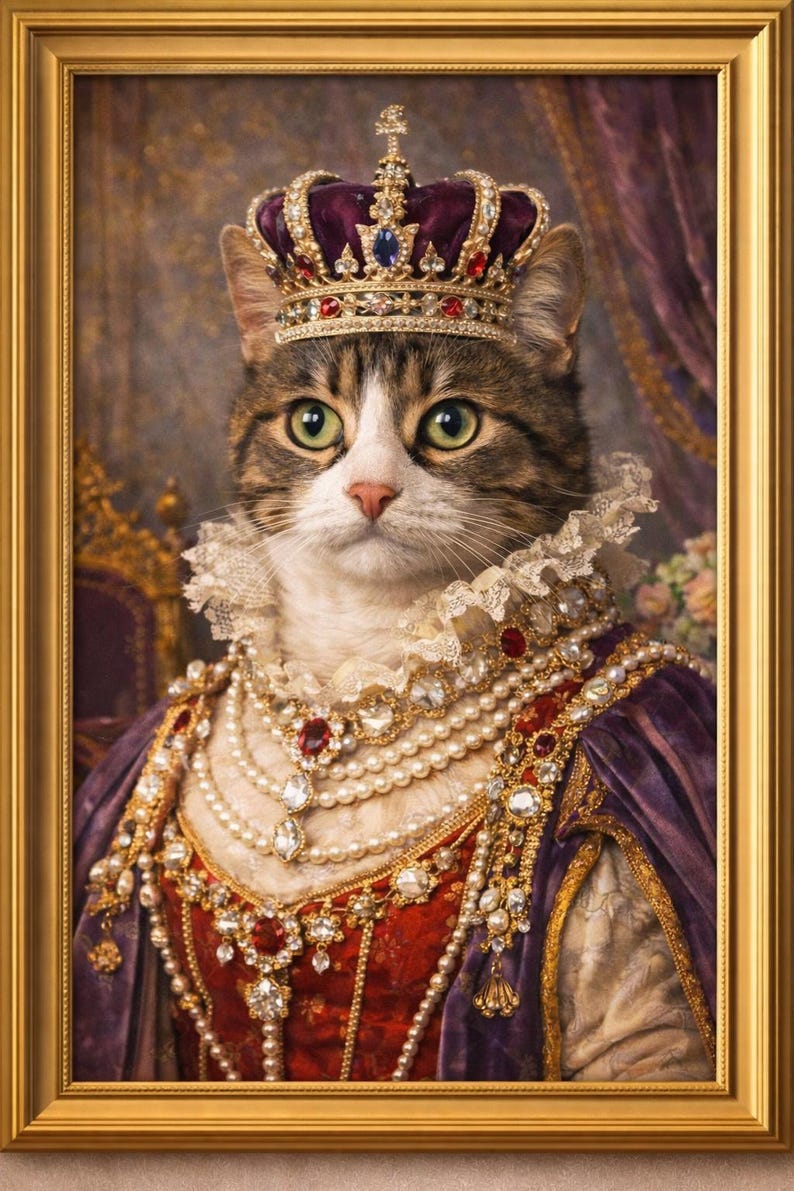 Custom Royal Cat Portrait, Renaissance Queen Cat Art, Personalized Pet ...