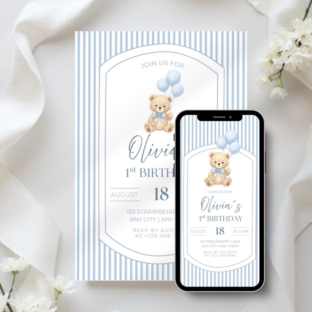 Beary First Birthday Invitation Template, Blue Teddy Bear Boy 1st ...