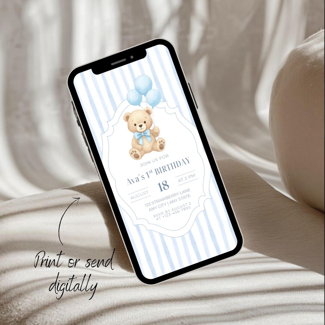 Beary First Birthday Invitation Template, Blue Teddy Bear Boy 1st ...