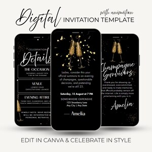 Op de afbeelding: Digitale uitnodigingssjabloon weergegeven op drie smartphones. De zwarte schermen tonen gouden champagneglazen en evenementdetails. Tekst bevat "Celebration", "Details" en "Champagne Survivors".