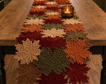 Patrón de camino de mesa de ganchillo con forma de hoja de arce / Decoración de otoño (descarga en PDF)