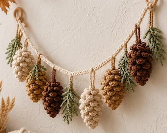 Patrón de guirnalda de piñas a crochet, decoración para el hogar de otoño e invierno, tutorial en PDF de crochet rústico de estilo bosque.