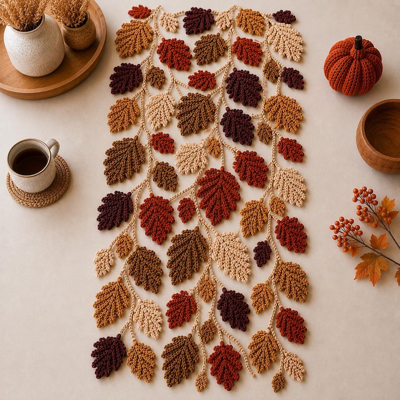 May include: A rectangular table runner featuring a crocheted vine pattern with numerous leaves in shades of cream, tan, brown, rust, and deep burgundy. The intricate design consists of interconnected chains and textured leaf motifs arranged in a vertical, flowing composition.