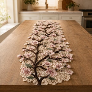 Può includere: Un runner da tavola rettangolare all'uncinetto con una base in pizzo color crema. Il design presenta un motivo centrale a rami marrone scuro decorato con numerosi fiori di ciliegio tridimensionali rosa chiaro e piccole foglie verdi.