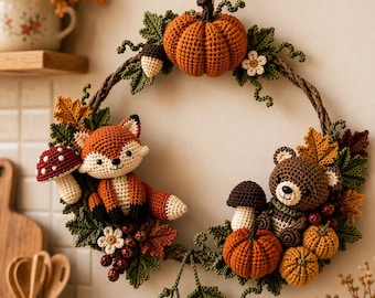 Patrón de corona de ganchillo con motivos otoñales del bosque, PDF de decoración otoñal, tutorial de corona de amigurumi de zorro y oso.