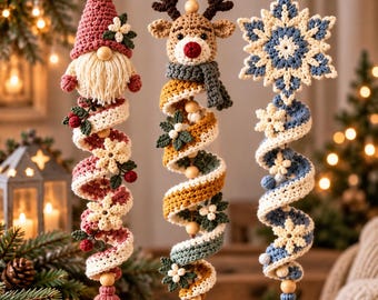 Crochet Pattern Spiral Hanging Trio  Ornaments, Holiday Gnome, Reindeer, Snowflake Decor PDF (Digital Download)