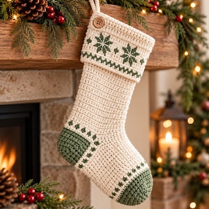 Puede incluir: Un calcetín navideño de ganchillo en color crema con detalles en verde oscuro en la punta, el talón y el puño. El puño presenta un patrón de copos de nieve en verde oscuro y un botón de madera. El calcetín está hecho de hilo con textura.