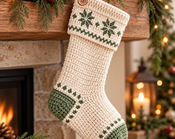 Häkelanleitung für Weihnachtsstrümpfe (PDF), moderne Landhaus-Weihnachtsdeko, Anleitung für Winterstrümpfe mit Schneeflockenmuster, Sofort-Download
