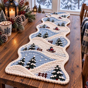 Può includere: Un lungo runner da tavola con bordi smerlati caratterizzato da un motivo paesaggistico invernale ripetuto. Il design a maglia mostra colline innevate, pini verde scuro, recinzioni marroni e piccole figure in slitta nei toni del blu, bianco e crema.