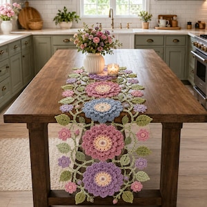 May include: A long, rectangular crochet table runner featuring a floral pattern with large, layered, circular blossoms in shades of pink, blue, and purple, connected by green crocheted leaves and vines, centered on a dark wooden dining table.