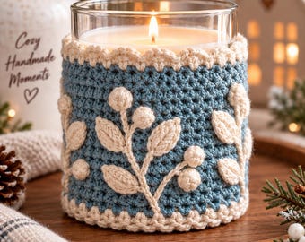 Textured Botanical Candle Jar Cozy – Berry Leaf Design (PDF Pattern)