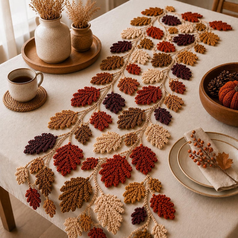 May include: A crochet table runner featuring a vine-like structure with numerous oak leaves in shades of cream, mustard yellow, burnt orange, and deep burgundy. The runner is laid out on a light-colored tablecloth, accompanied by ceramic vases.