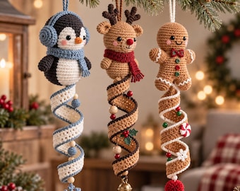 Patrón de adornos navideños de ganchillo en espiral: pingüino, reno y pan de jengibre / PDF digital