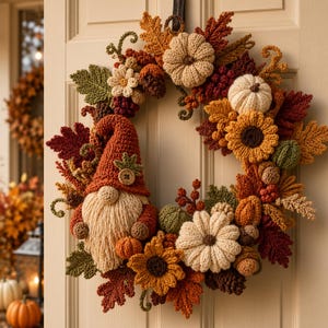 May include: A decorative autumn wreath featuring a crocheted gnome with a tall rust-colored hat, surrounded by crocheted pumpkins in cream and orange, sunflowers with brown centers, green and red oak leaves, pinecones, and small berries.