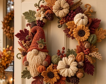 Patrón de ganchillo para corona de gnomos otoñales: decoración de puerta para Acción de Gracias con calabazas / PDF digital