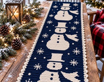 Snowman Table Runner Crochet Pattern, Holiday Dining Decor, Instant Download PDF