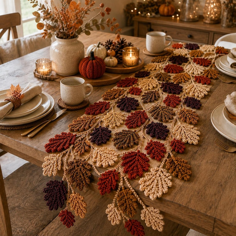 May include: A crochet table runner featuring a repeating pattern of oak leaves in shades of cream, tan, brown, rust, and deep burgundy. The runner is draped across a wooden table, surrounded by ceramic mugs, plates, and small decorative pumpkins.