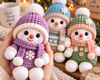 Crochet Snowman Plushie Pattern: 3 Winter Outfit Variations (Digital PDF)