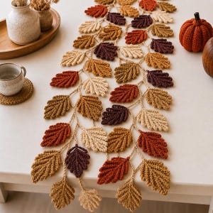 Padrão de Caminho de Mesa de Crochê com Folhas de Outono | Download em PDF para Decoração de Outono