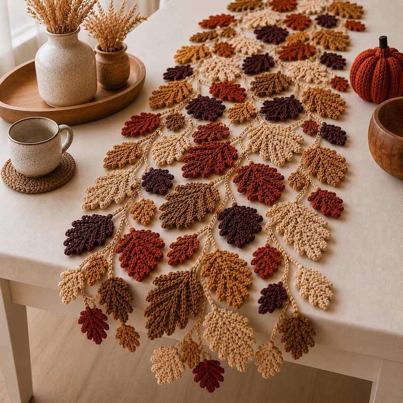 May include: A crochet table runner featuring a repeating pattern of oak leaves in shades of cream, tan, rust orange, and deep burgundy. The leaves are connected by a central crocheted vine structure, creating a long, decorative autumn-themed piece.