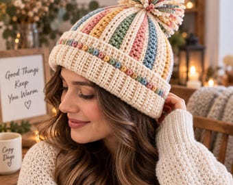 Pastel Pom-Pom Beanie Crochet Pattern, Textured Floral Brim (PDF)
