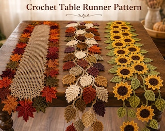3 in 1 Crochet Table Runner Pattern Bundle, Autumn Leaf, Sunflower Decor (Digital PDF)