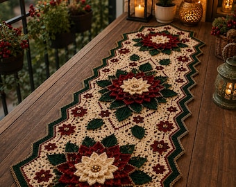 Patrón de camino de mesa de flor de Pascua a crochet, decoración navideña de invierno para el hogar (PDF digital)