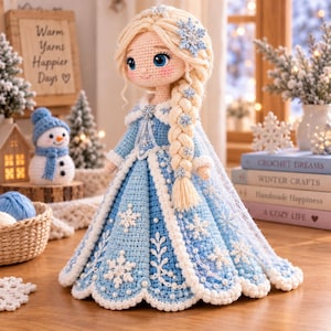 May include: A crocheted doll with blonde hair in a long braid, wearing a light blue gown adorned with white snowflake embroidery and pearl accents. The doll features blue eyes, rosy cheeks, and a cape. A small crocheted snowman stands nearby.