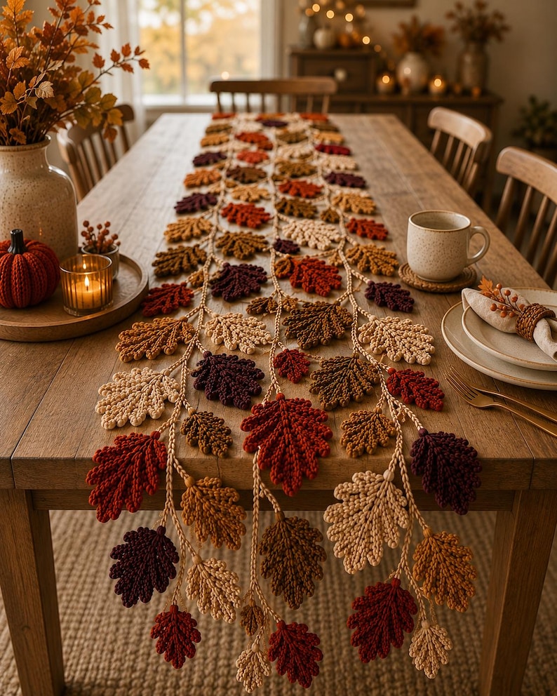 May include: A long, crocheted table runner featuring a repeating pattern of oak leaves in shades of cream, tan, orange, rust, and deep burgundy. The leaves are connected by thin, braided yarn stems that drape over the edge of the wooden table.
