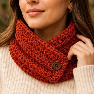 May include: A chunky, rust-colored crochet cowl scarf featuring a thick, textured yarn weave. The scarf wraps around the neck and is secured at the front with a single, round, dark brown wooden button, creating a layered and folded appearance.
