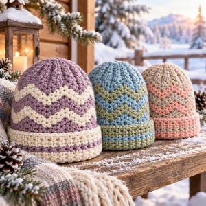 May include: Three crocheted beanies featuring a chevron pattern. The first hat is purple and cream, the second is blue and sage green, and the third is cream and soft pink. Each hat has a thick, solid-colored folded brim and a textured knit finish.