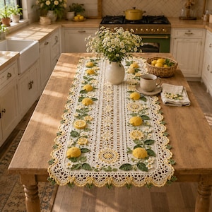 Può includere: Un runner da tavola rettangolare all'uncinetto con un intricato motivo in pizzo color crema, decorato con limoni gialli tridimensionali, foglie verdi e piccoli fiori bianchi. I bordi sono rifiniti con una bordura smerlata gialla e verde.