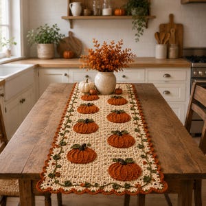 May include: A rectangular cream-colored crochet table runner featuring a repeating pattern of raised, textured orange pumpkins and green vine accents. The runner has a scalloped edge and is centered on a wooden dining table in a kitchen setting.